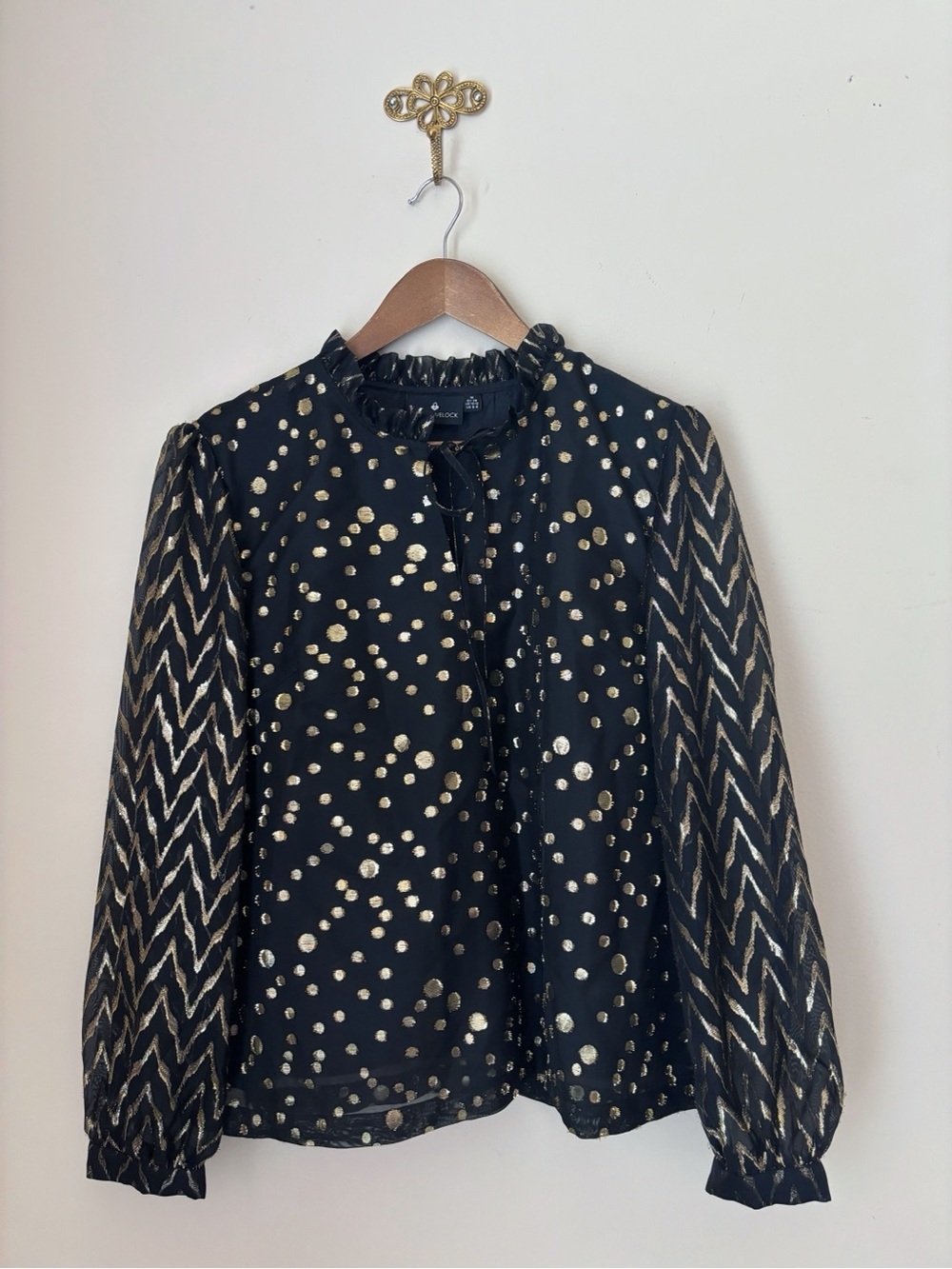 Emily Lovelock Black & Metallic Gold Polka Dot Blouse Medium